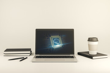Modern computer monitor with creative artificial Intelligence symbol. Neural networks and machine learning concept. 3D Rendering