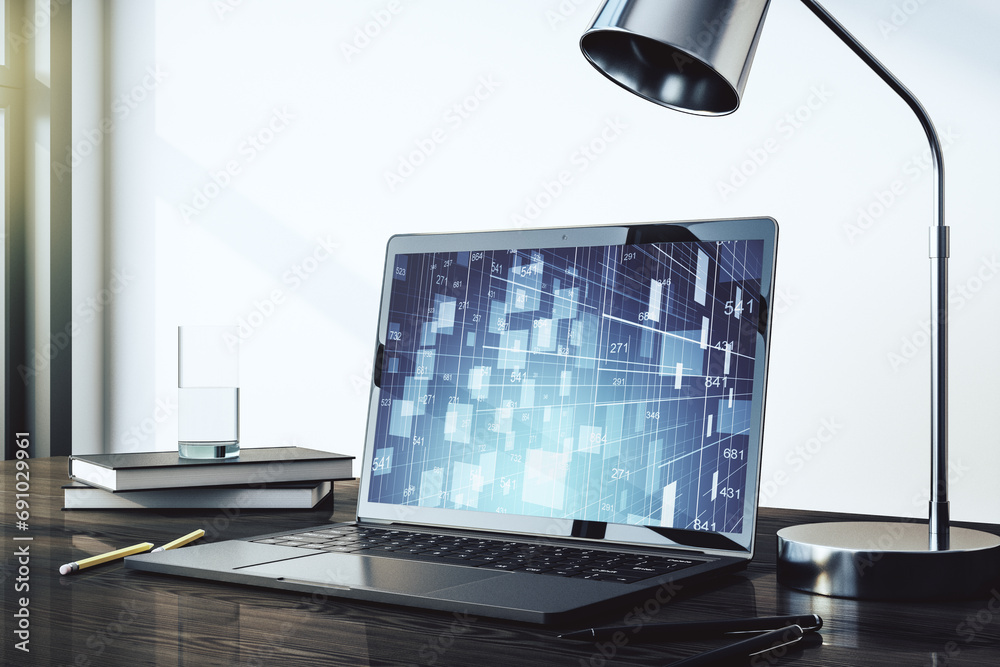 Poster modern computer monitor with abstract creative statistics data hologram, statistics and analytics co