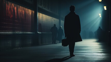 Silhouette of Man Walking in Urban Nightlight - obrazy, fototapety, plakaty