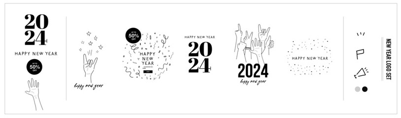 new year digital graphic design template with simple and fun original hand drawing set  - Powered by Adobe