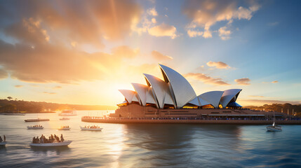 Sunset view of the Sydney Opera House with the harbor in the foreground.