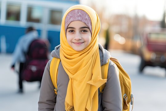 smiling little girl in a hijap on her way to school