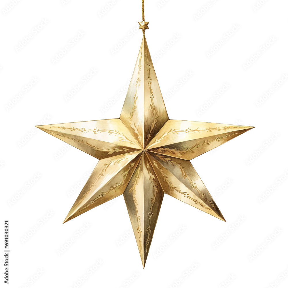 Wall mural Golden Star Decoratios For Christmas Event. Watercolor Style. AI Generated