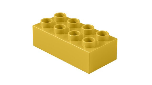 Metallic Gold Plastic Lego Block Isolated on a White Background. Children Toy Brick, Perspective View. Close Up View of a Game Block for Constructors. 3D rendering. 8K Ultra HD, 7680x4320, 300 dpi