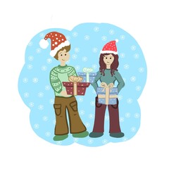 couple with christmas gifts gift, girl, winter, holiday, new year, thanksgiving, christmas, snowflakes, tree, santa claus cap, boy and girl exchange gifts