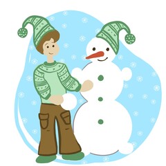 snowman with a snowman boy and gifts, a boy gives gifts, a sweater with an ornament pattern, snowflakes, a boy decorates a snowman