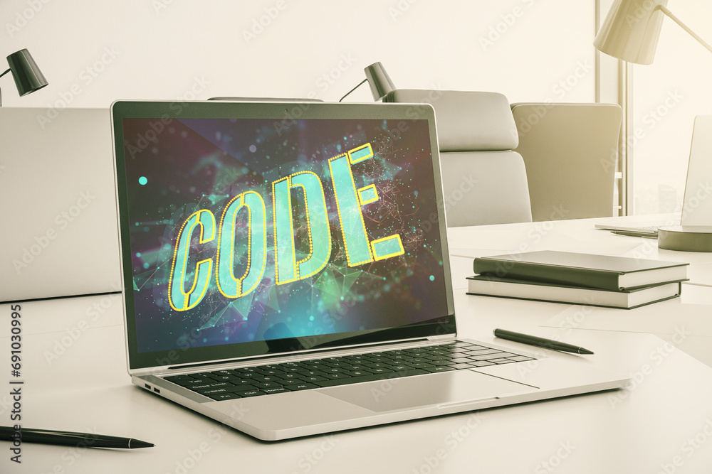 Poster Creative Code word hologram on modern computer monitor, artificial intelligence and neural networks concept. 3D Rendering