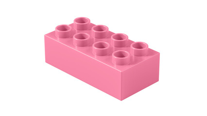 Flamingo Pink Plastic Lego Block Isolated on a White Background. Children Toy Brick, Perspective View. Close Up View of a Game Block for Constructors. 3D Rendering. 8K Ultra HD, 7680x4320, 300 dpi