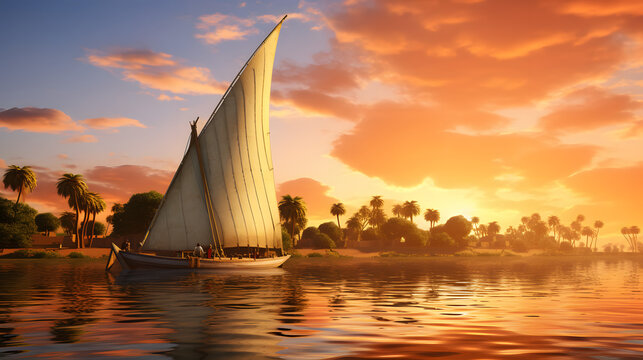 Traditional felucca sailing on the Nile River at sunset in Egypt.