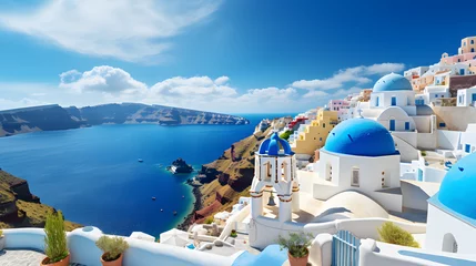 Fotobehang Traditional Greek village in Santorini with white buildings and blue domes overlooking the sea. © Finn