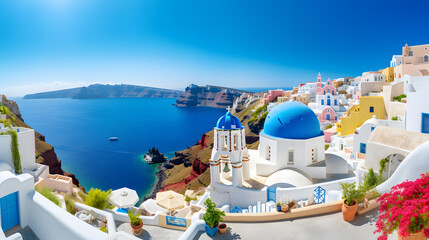 Traditional Greek village in Santorini with white buildings and blue domes overlooking the sea.