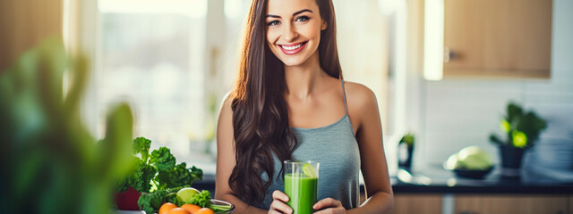 Young woman drinking green smoothie. Selective focus. - obrazy, fototapety, plakaty