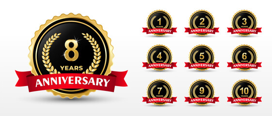 Set of golden anniversary logo,Vector golden anniversary number. 1, 2, 3, 4, 5, 6, 7, 8, 9, 10, logo design. vector illustration