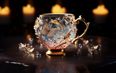 Butterfly decorated glass cup,created with Generative AI tecnology.