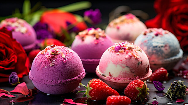 Spa bath bombs with flowers. Selective focus.