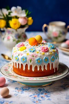 Easter cake and paints on the table. Selective focus.