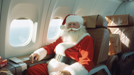 Santa Claus is flying in an airplane. Christmas in the air. Christmas Holiday