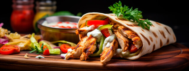 Shawarma with meat and vegetables on the table. Selective focus. - obrazy, fototapety, plakaty