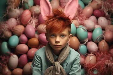 Fototapeta na wymiar a lovely red-haired boy with bunny ears is sitting in front of colorful easter eggs. Easter concept. Generative AI