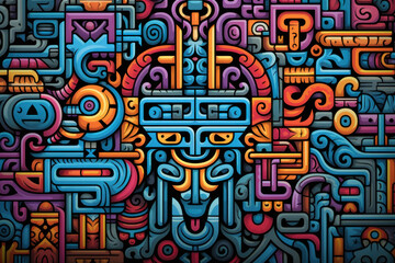 Complex and colorful Aztec-inspired graffiti art, showcasing intricate patterns and vibrant designs with tribal influences.