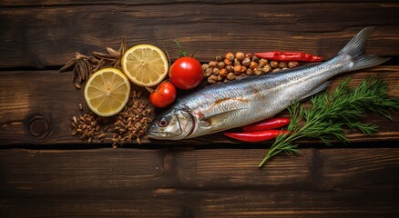 Dried fish with spice and tomato and lemon on a wood background.
