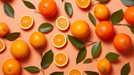 Oranges patterns on bright color background. Flat minimal fruits pattern