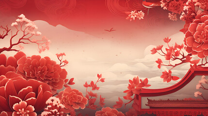 Bright background with red flowers in Chinese style - obrazy, fototapety, plakaty
