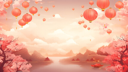 Festive background with Chinese paper lanterns and pink blooming trees - obrazy, fototapety, plakaty