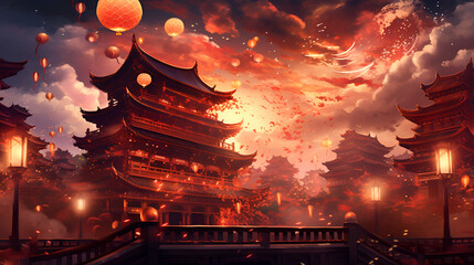 Festive illustration with Chinese ancient temples and paper lanterns, new year - obrazy, fototapety, plakaty