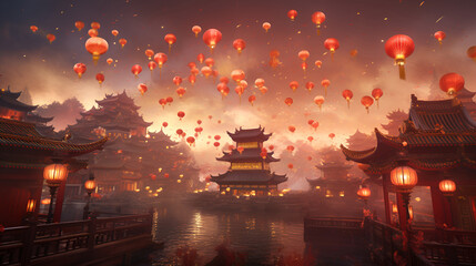 A celebratory backdrop featuring Chinese red lanterns and ancient temples, festive atmosphere