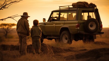 Family vacation holiday. Happy family having fun on the beach in the sunset. Photo of a happy family on a beach and a car on the side. Family traveling by car.
