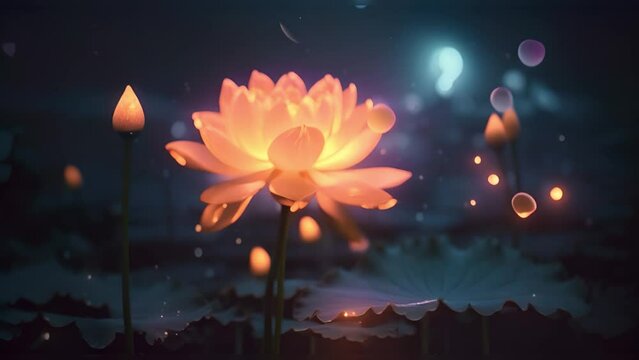 a blooming and illuminating lotus flower at night. animated video