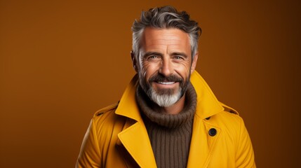 Fototapeta premium Stylish Male with a bright personality. Male portrait on dark yellow backgrounds.