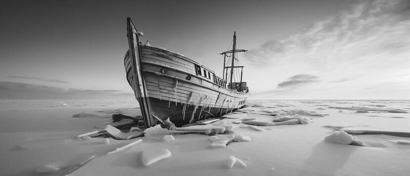 Frozen wooden ship anchored in the frozen sea, black and white colors, with a clear sky and icy foreground.