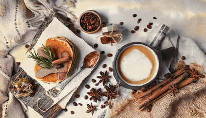 Top view of a cup of coffee with spices and cinnamon on a rustic table. mug of cappuccino with aromatic winter decorations. Breakfast in December for New Year's Eve and Christmas. 