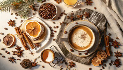 Fototapeta na wymiar Top view of a cup of coffee with spices and cinnamon on a rustic table. Espresso and cappuccino with aromatic winter decorations. Breakfast in December for New Year's Eve and Christmas. 