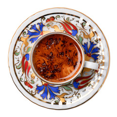 Turkish coffee mug, traditional beautiful coffee plate cups, Ottoman pattern, white background,  isolated, white, vintage, old mug, top view, full drink, foam, tile pattern.
