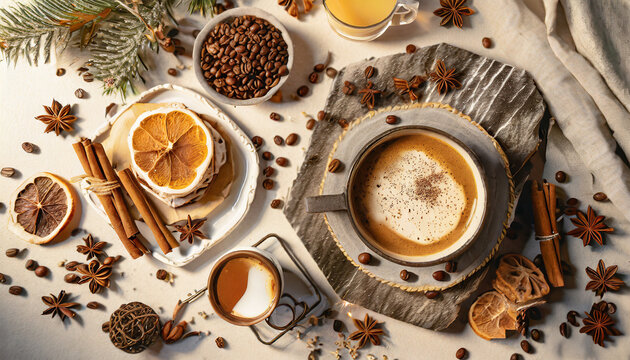 Top view of a cup of coffee with spices and cinnamon on a rustic table. Espresso and cappuccino with aromatic winter decorations. Breakfast in December for New Year's Eve and Christmas. © Andrea Marongiu