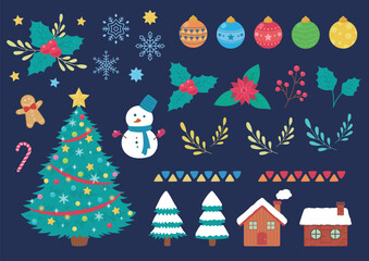 クリスマスのイラスト素材セット。レトロモダンなフラットデザイン。ベクターイラスト。