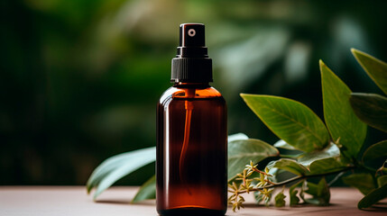 Bottle with cosmetics and herbal leaves. Selective focus.