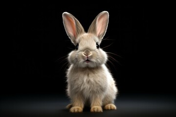 Brown adorable rabbit pet. studio portrait of fawn colored flemish giant rabbit standing on hind legs looking up against a black background - obrazy, fototapety, plakaty