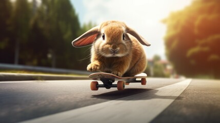 Brown adorable rabbit plays skate board for lovely pet. Surf skate board for roll on ground. An extreme sport for bunny theme.