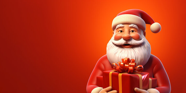 Santa Claus with gift on red background