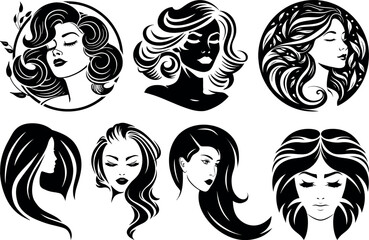 Beautiful Women with hairstyle silhouette set. Hair Beauty Salon Logo . black Illustration in various themes. Hand drawn Vector collection.