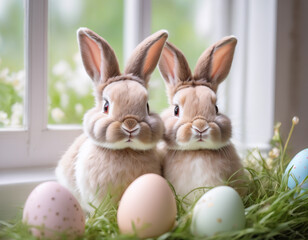 Pastel Whimsy: Easter Eggs and Cute Bunny by the Window