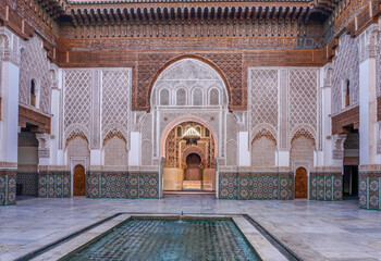 The inner courtyard of  the Madrassa ben Youssef in Marrakech, Morocco.