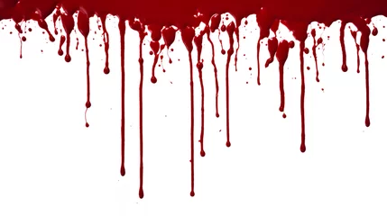 Deurstickers Blood Splatter and drops. Red liquid splash on white background. Bloody love. © Vladimir