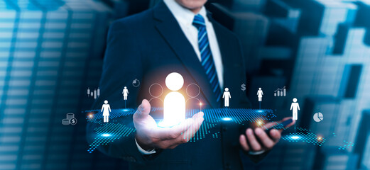 Businessmen employ phone with worldwide customer network technologies, customer relationship...