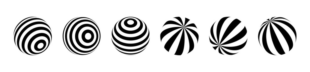 Optical illusion of the globe pack. 3D wave stripe spheres. Isolated vector illustration on white background.