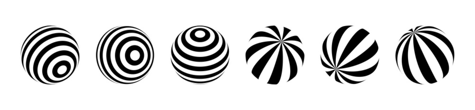 Optical illusion of the globe pack. 3D wave stripe spheres. Isolated vector illustration on white background.